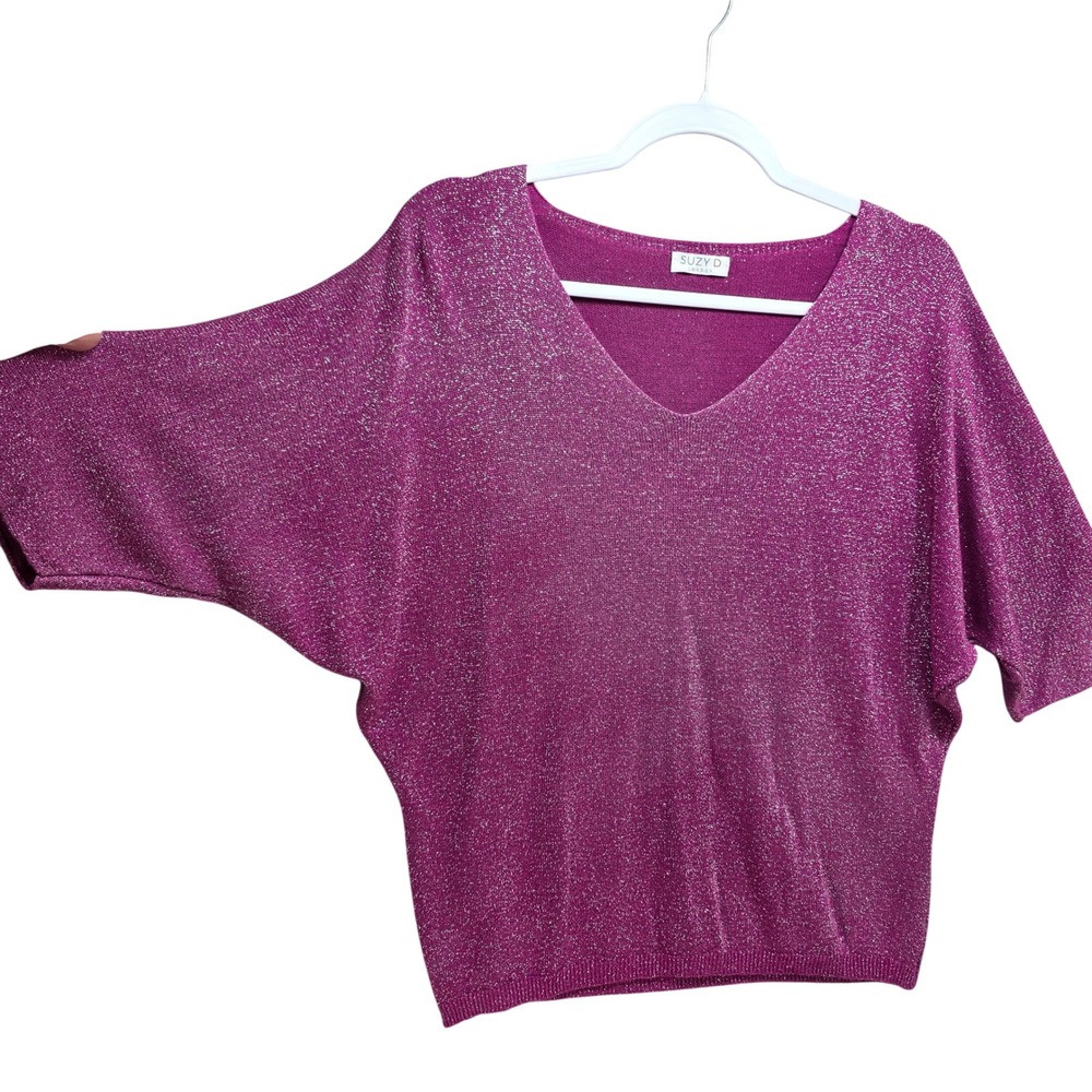 Suzy D London Florentine Metallic Batwing Knit Top Magenta Pink Sz M Disco Party